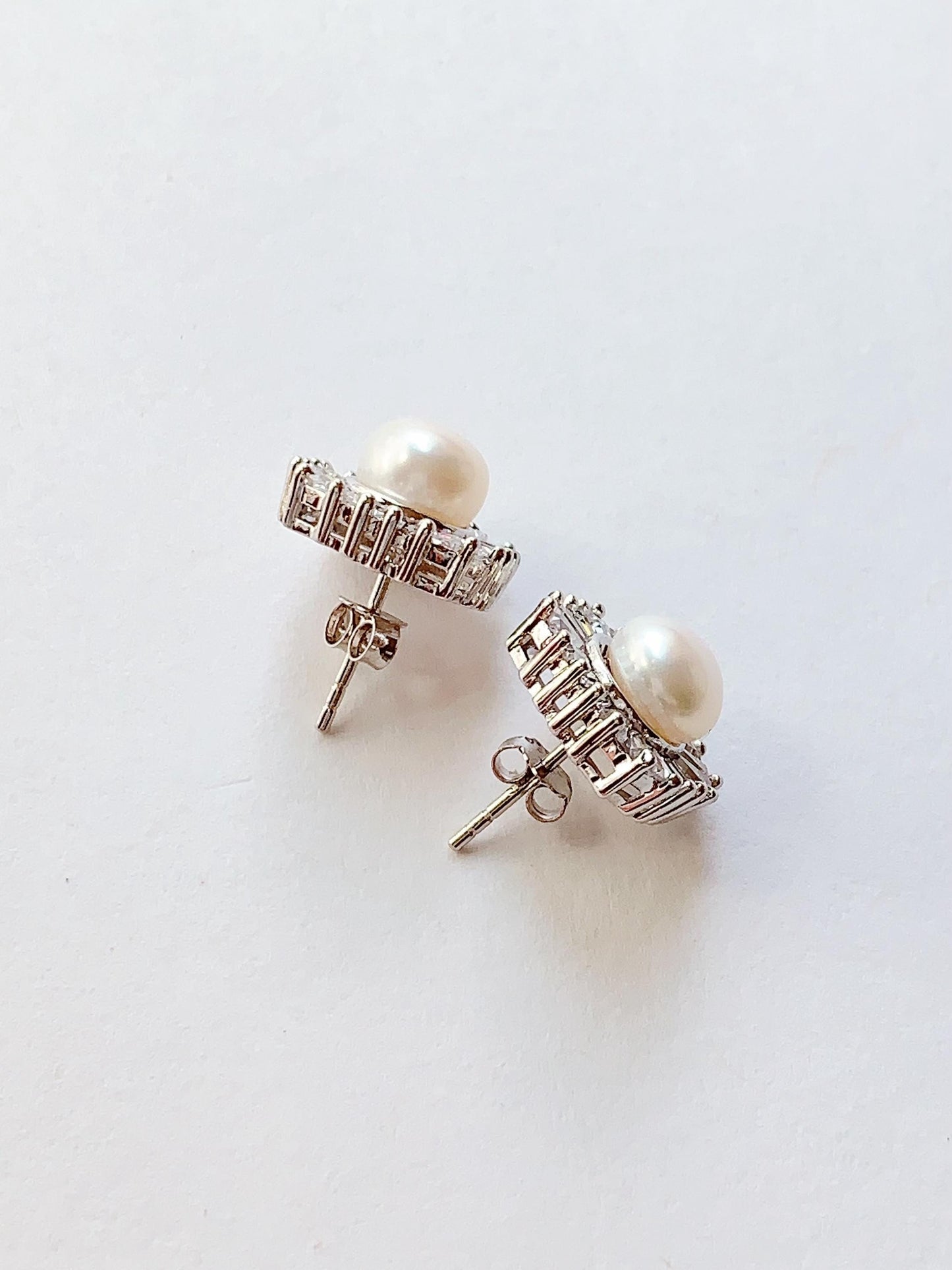 Freshwater Pearl Earrings: 18K White Gold Plated Sterling Silver Studs