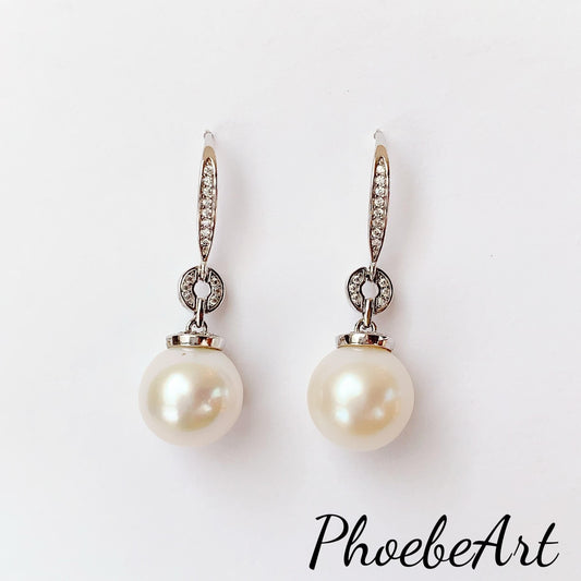 11mm Freshwater Pearl Earrings: Sterling Silver, White Gold Plated