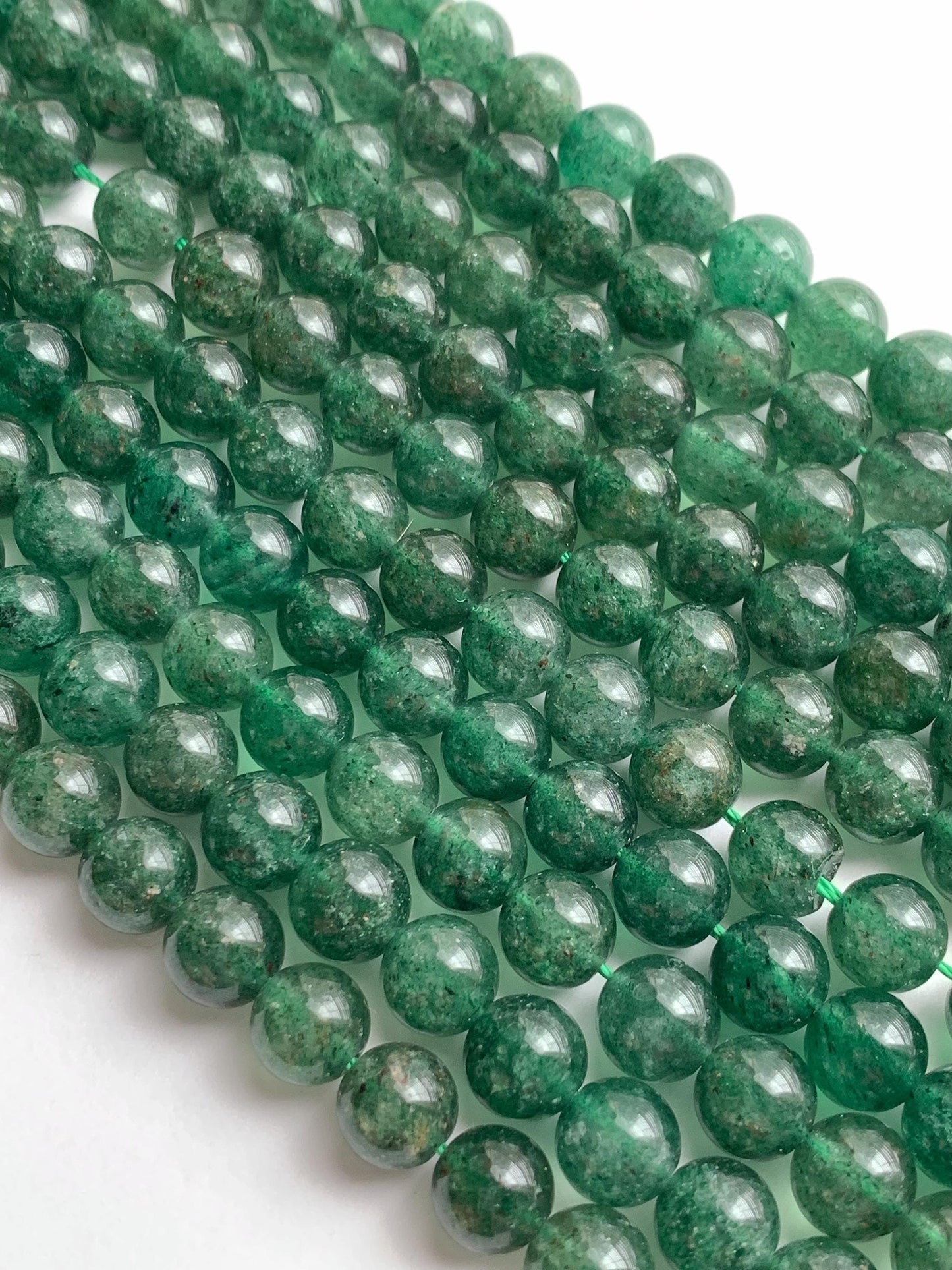 Natural Deep Green Strawberry Quartz Beads: 8mm Gemstone Strand