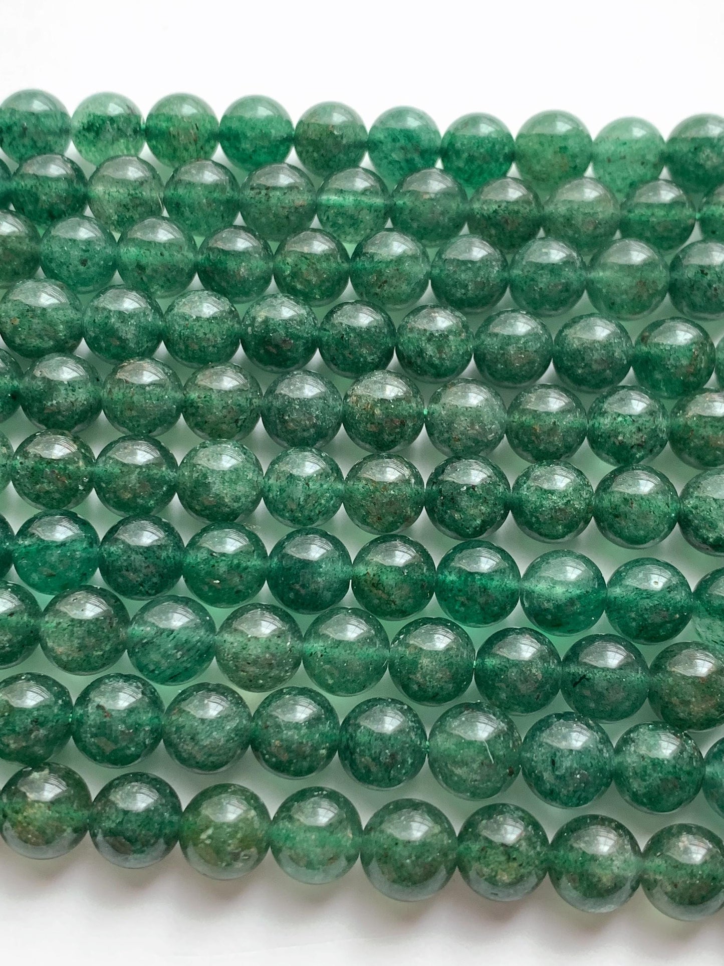 Natural Deep Green Strawberry Quartz Beads: 8mm Gemstone Strand