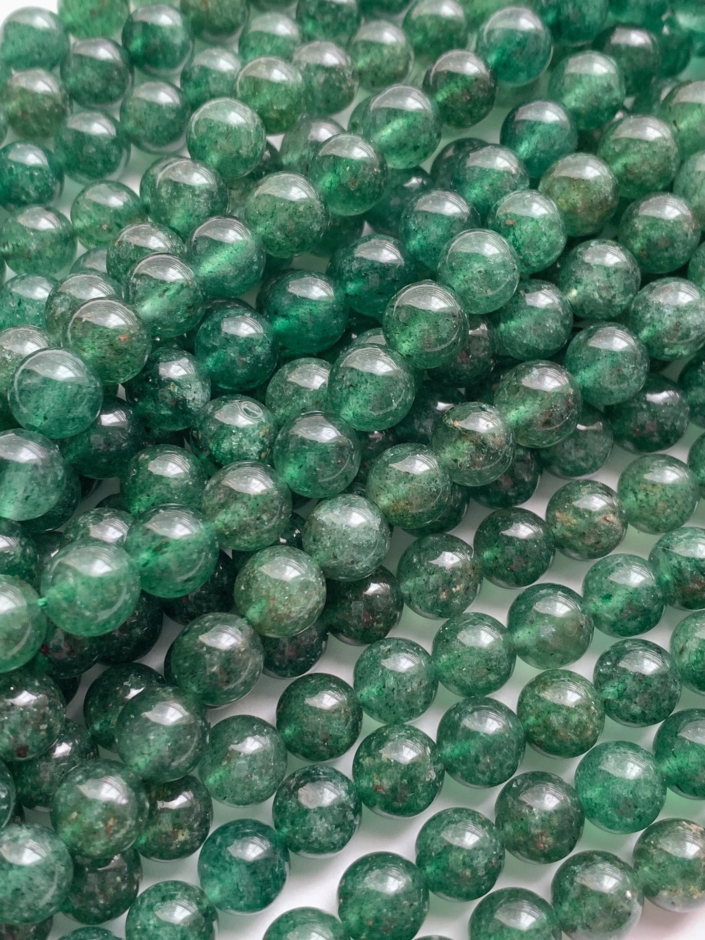 Natural Deep Green Strawberry Quartz Beads: 8mm Gemstone Strand