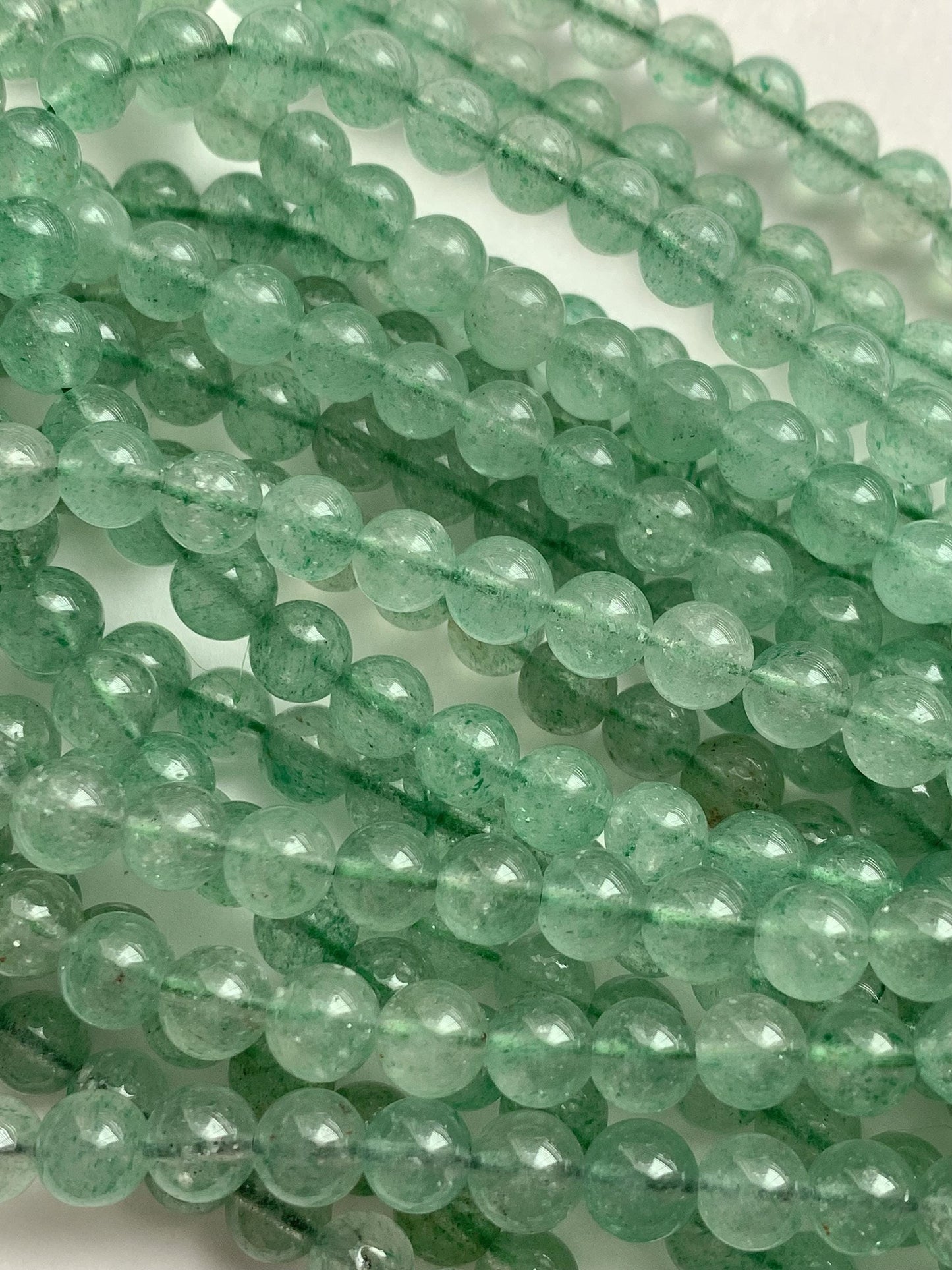 Natural Green Strawberry Quartz Smooth Round  Beads:  Gemstone, 15.5" Strand