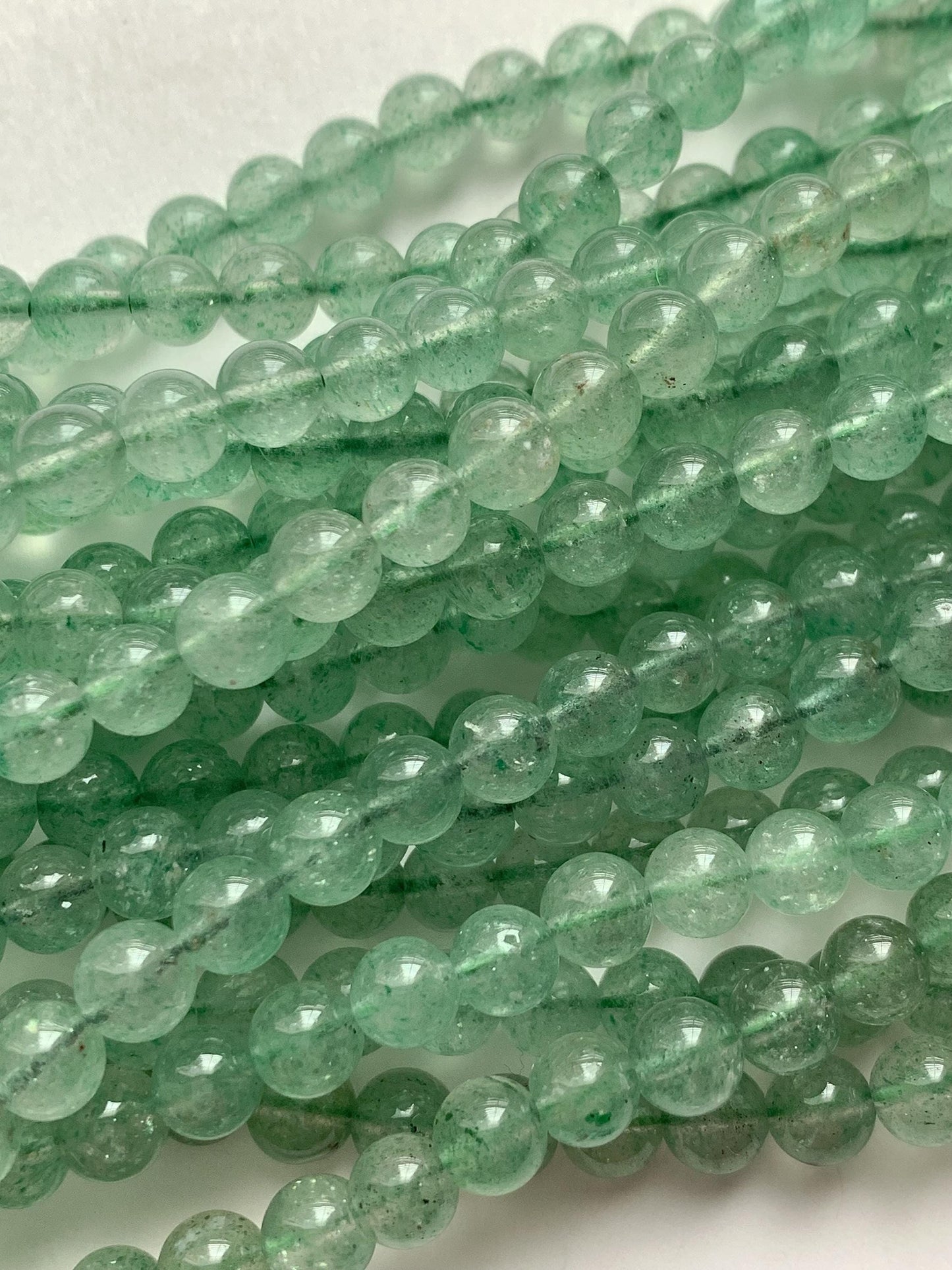 Natural Green Strawberry Quartz Smooth Round  Beads:  Gemstone, 15.5" Strand