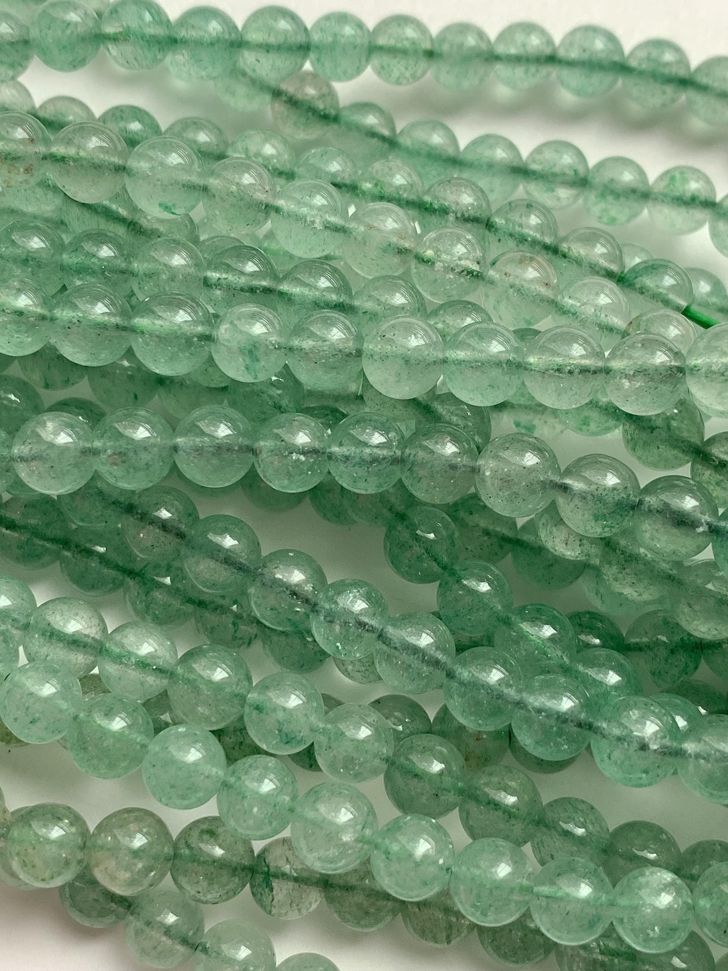 Natural Green Strawberry Quartz Smooth Round  Beads:  Gemstone, 15.5" Strand