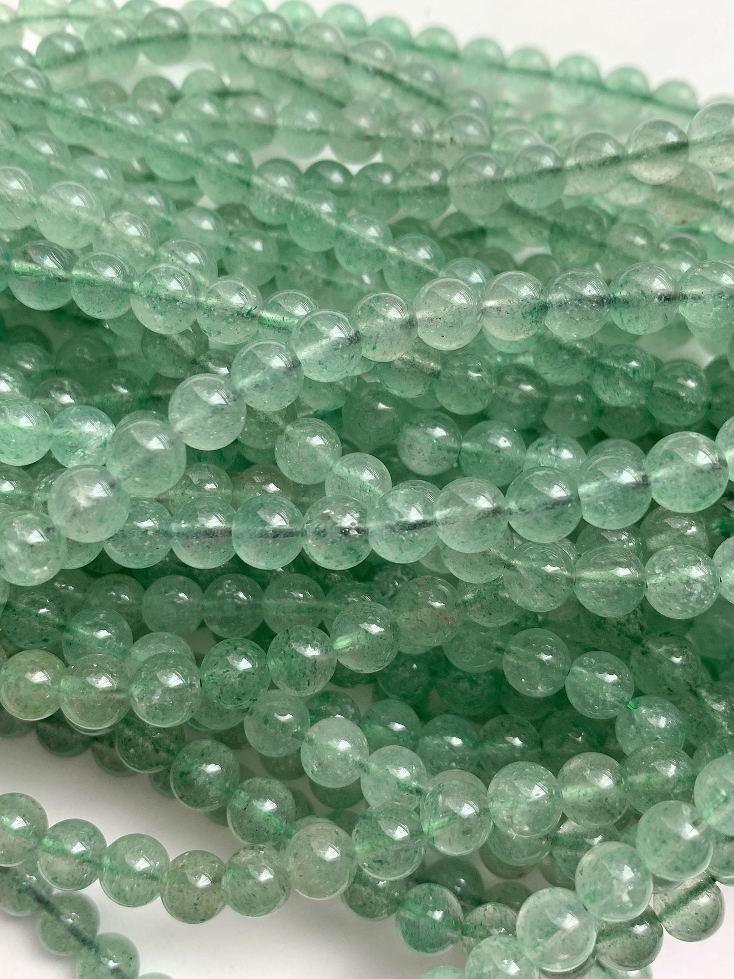 Natural Green Strawberry Quartz Smooth Round  Beads:  Gemstone, 15.5" Strand