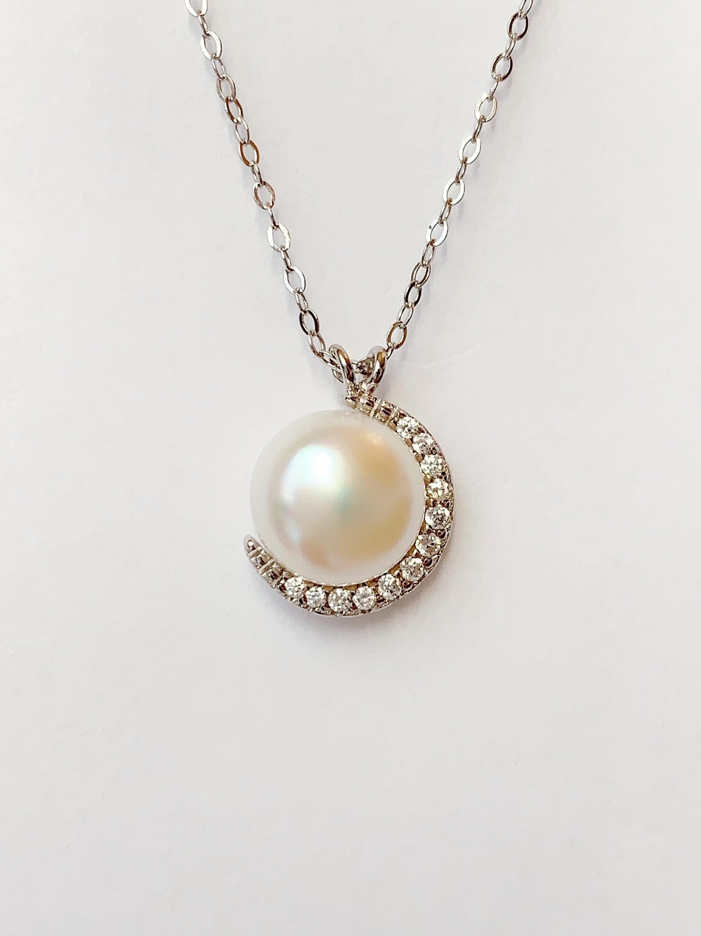Freshwater Pearl Necklace Set: 18K White Gold Plated Sterling Silver Moon Design