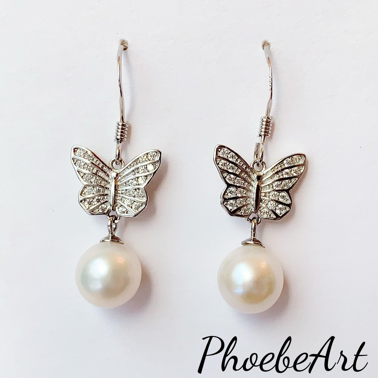 Butterfly Pearl Earrings: 8mm Freshwater Pearl, Sterling Silver