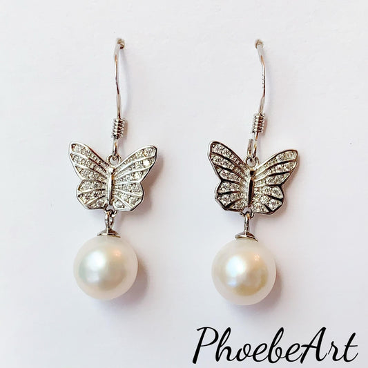 Butterfly Pearl Earrings: 8mm Freshwater Pearl, Sterling Silver