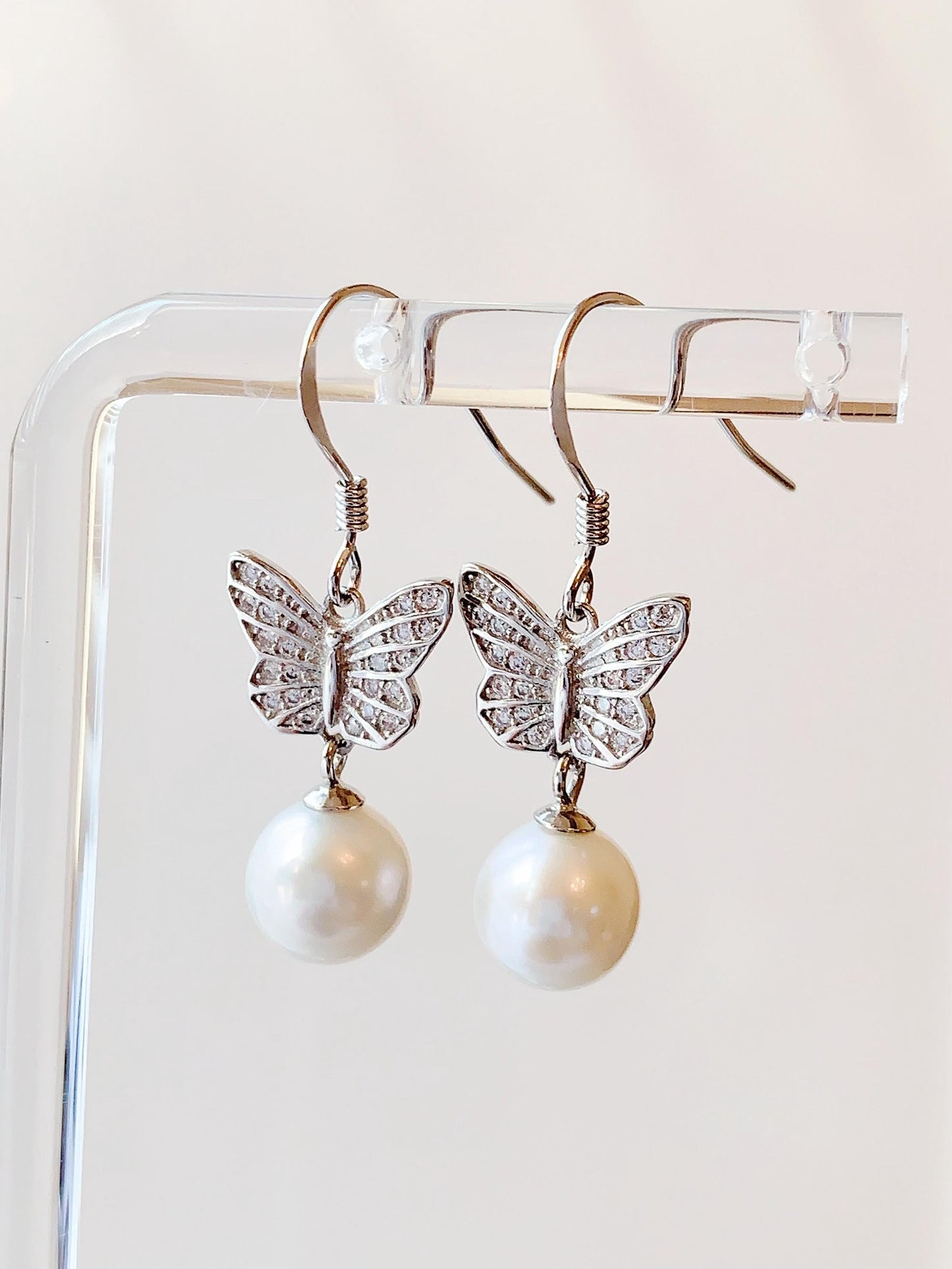 Butterfly Pearl Earrings: 8mm Freshwater Pearl, Sterling Silver