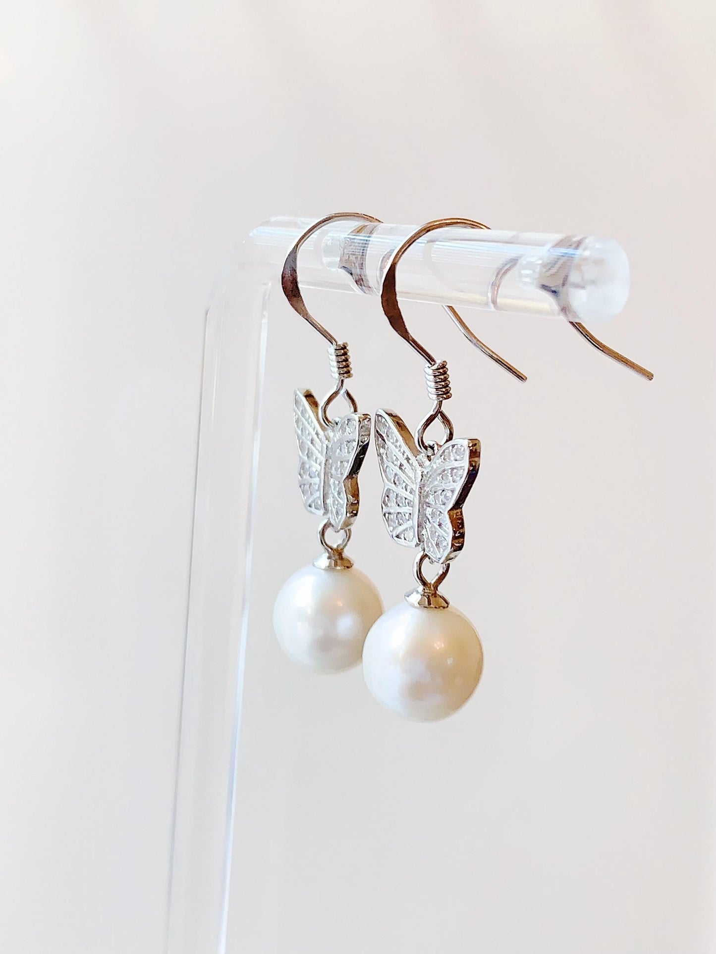 Butterfly Pearl Earrings: 8mm Freshwater Pearl, Sterling Silver