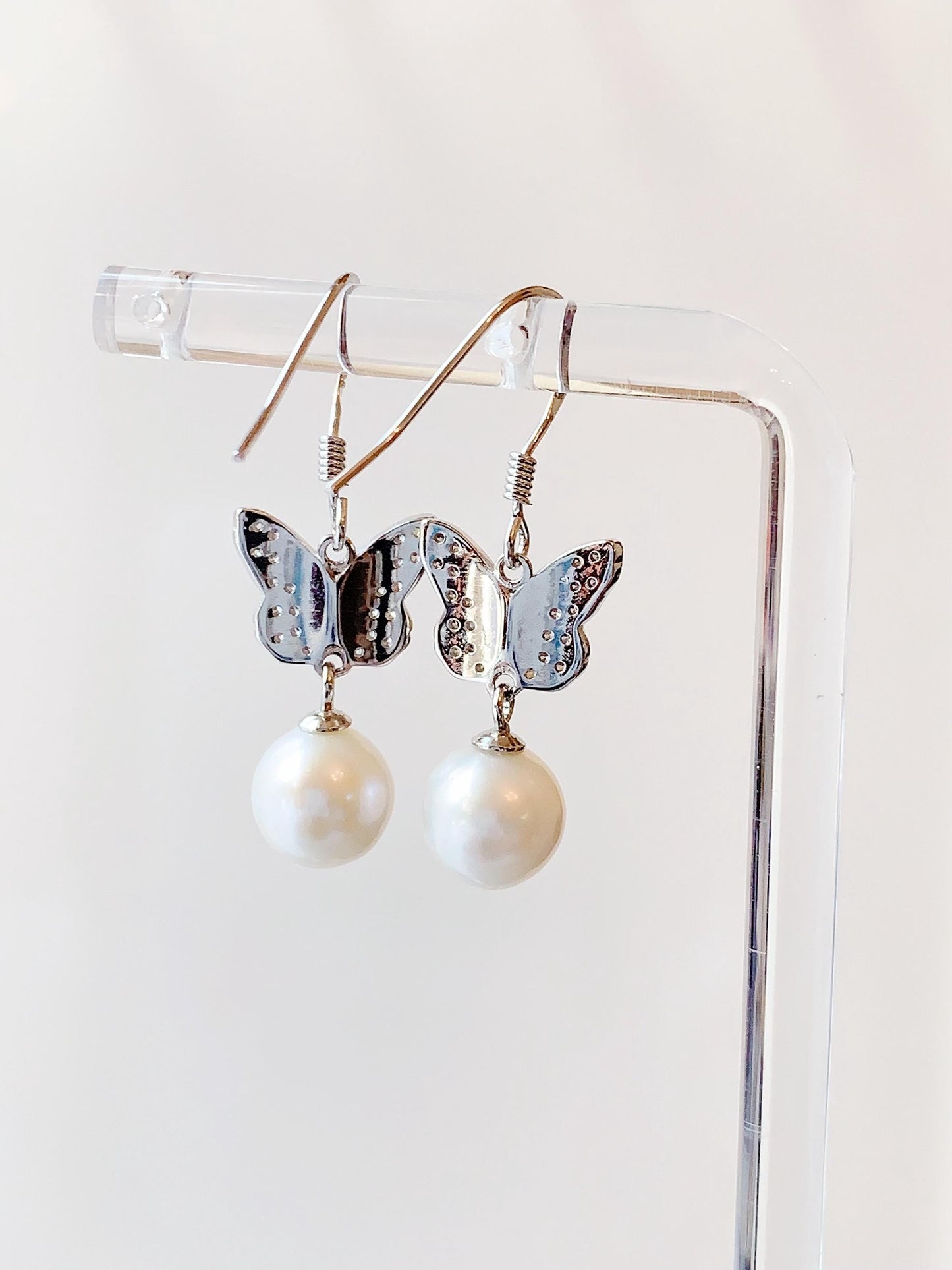 Butterfly Pearl Earrings: 8mm Freshwater Pearl, Sterling Silver