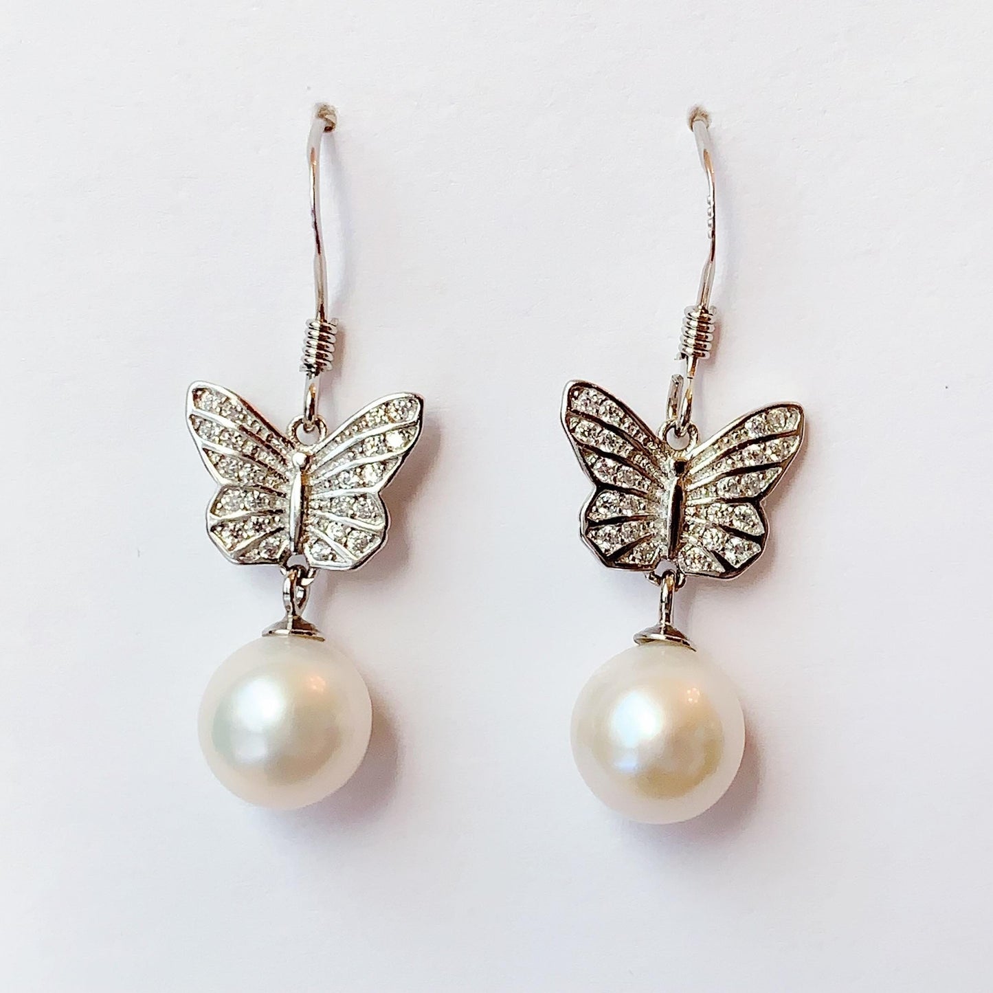 Butterfly Pearl Earrings: 8mm Freshwater Pearl, Sterling Silver