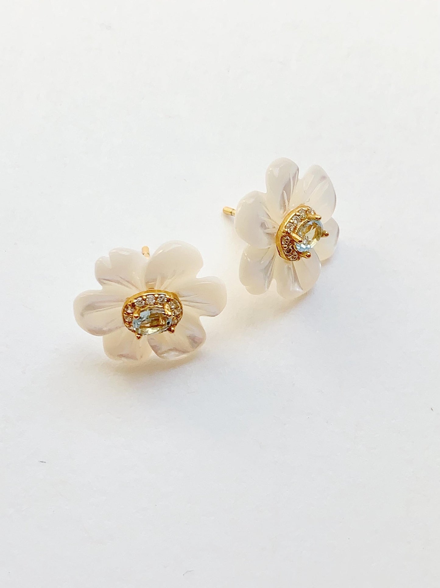 Aquamarine Flower Earrings: 18k Gold Plated Sterling Silver Studs