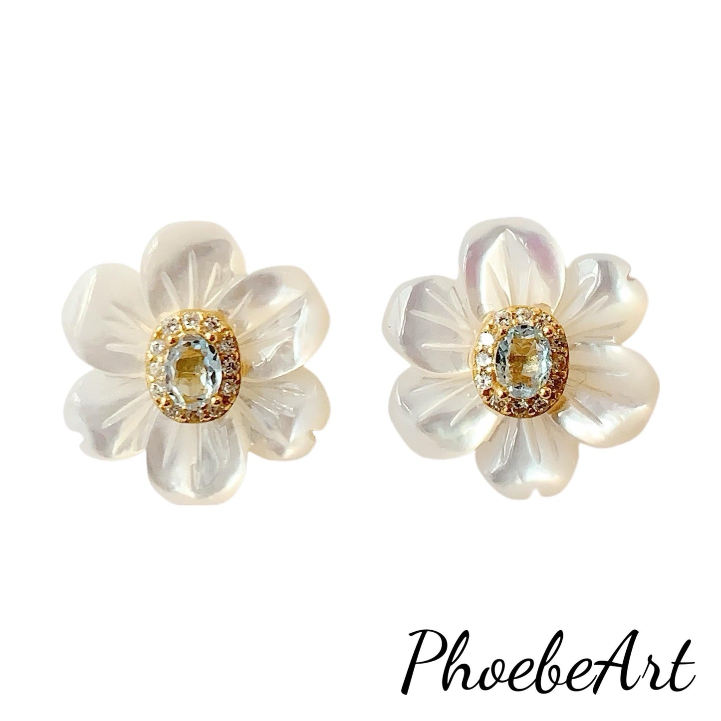 Aquamarine Flower Earrings: 18k Gold Plated Sterling Silver Studs