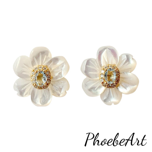 Aquamarine Flower Earrings: 18k Gold Plated Sterling Silver Studs