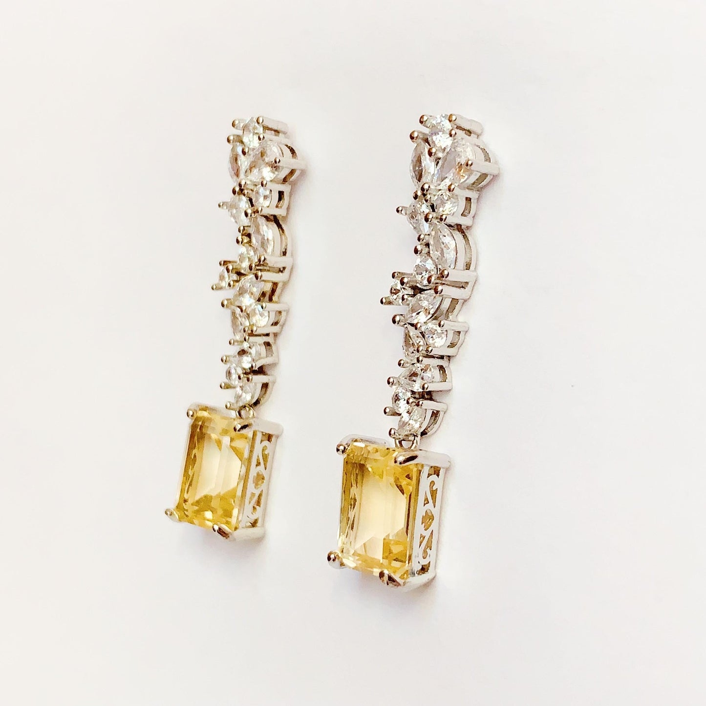 Citrine Earrings: 18k Gold Plated Sterling Silver Leaves, Rectangle Cut