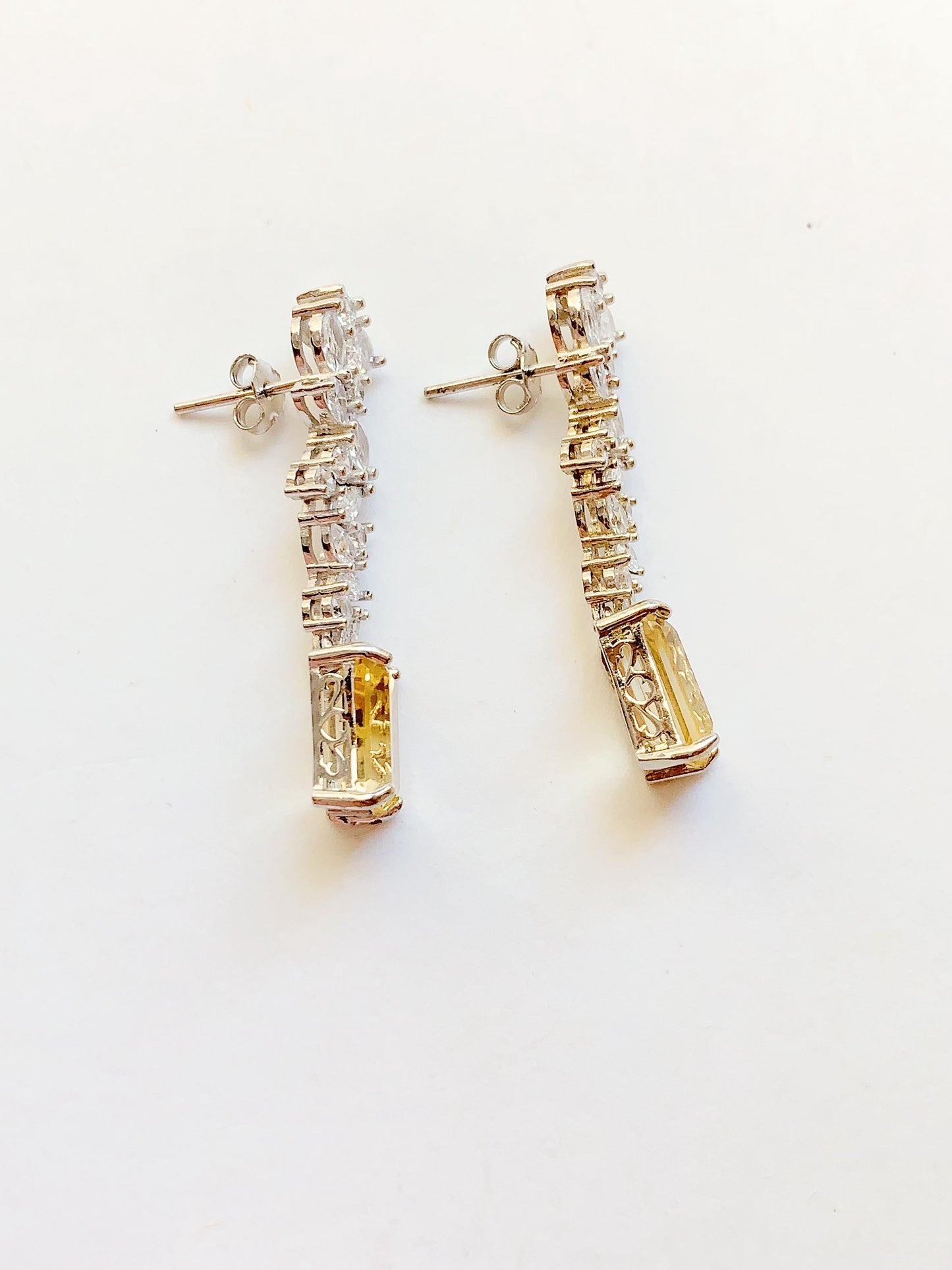 Citrine Earrings: 18k Gold Plated Sterling Silver Leaves, Rectangle Cut