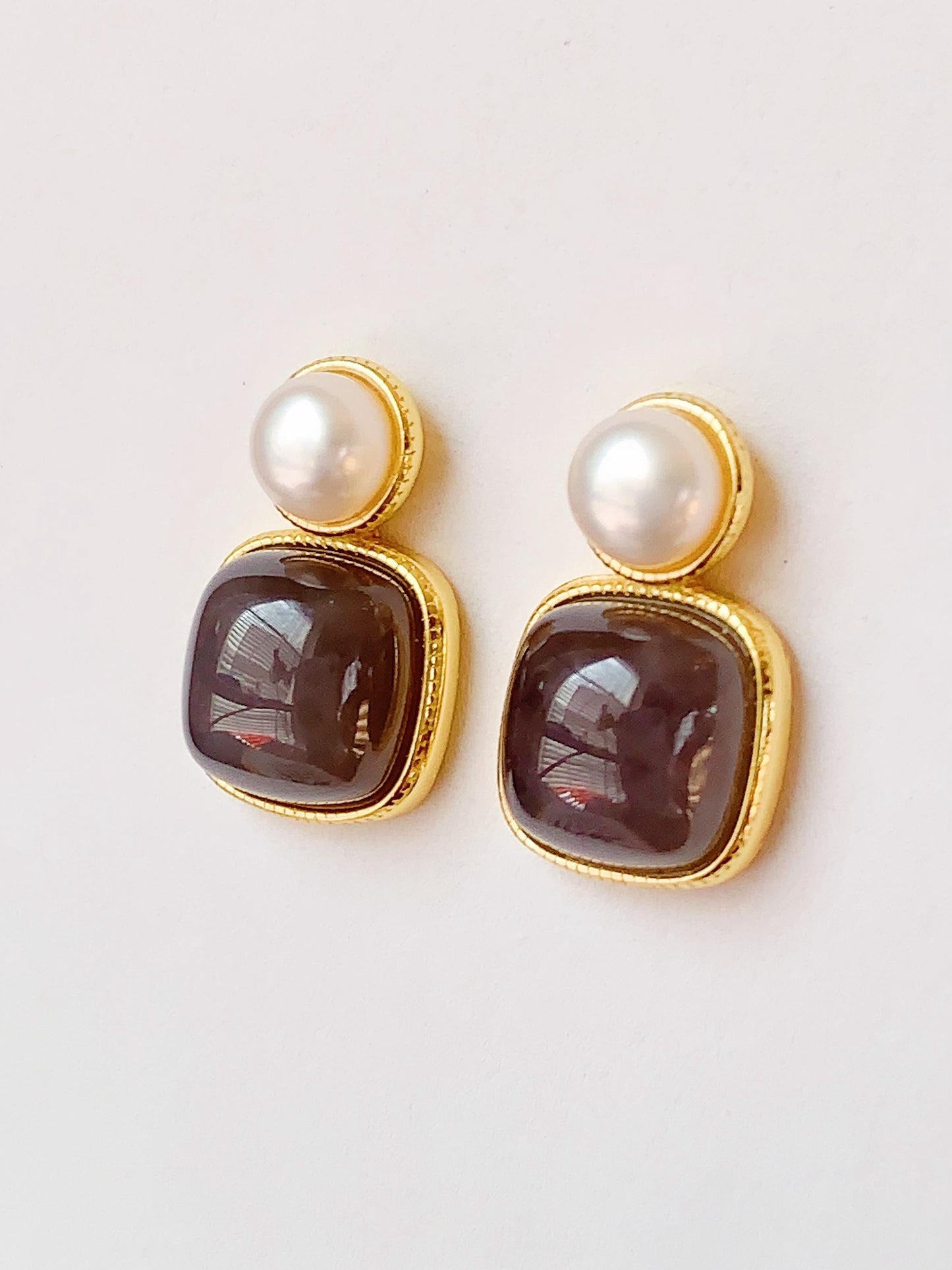 9mm  High Quality Natural Sugar Jade Snooth Square Cut and Pearl  18k Yellow Gold Plated S 925 Sterling Silver  Earrings Ear stud