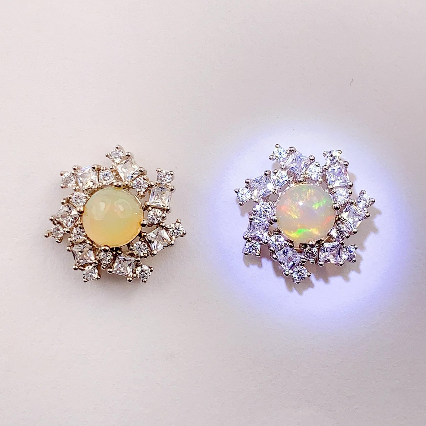 Rainbow Opal Sterling Silver Earrings: 18k White Gold Plated Studs