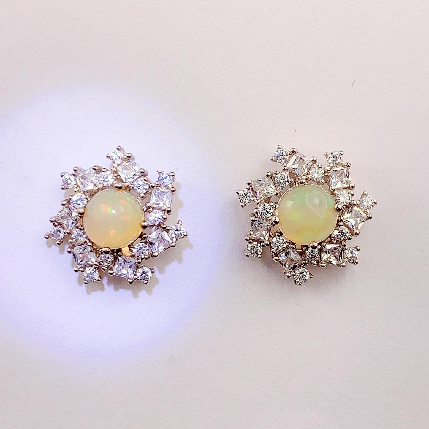 Rainbow Opal Sterling Silver Earrings: 18k White Gold Plated Studs