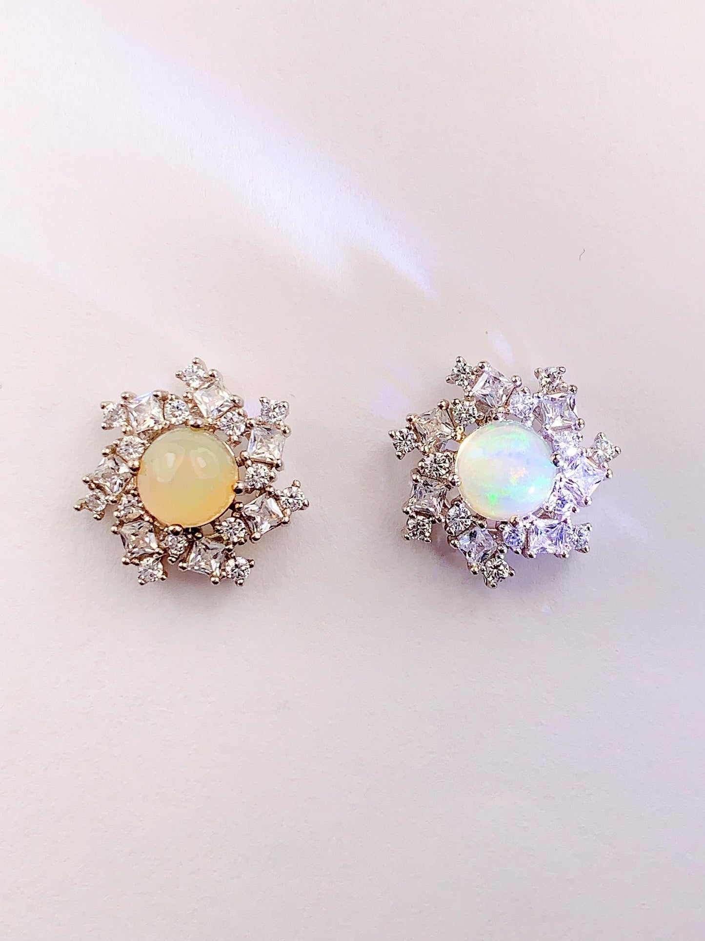 Rainbow Opal Sterling Silver Earrings: 18k White Gold Plated Studs