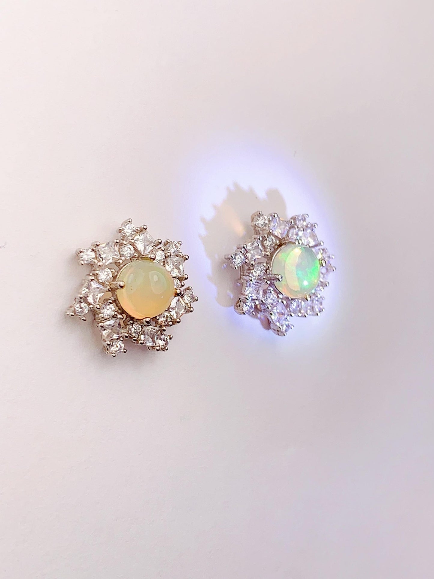 Rainbow Opal Sterling Silver Earrings: 18k White Gold Plated Studs