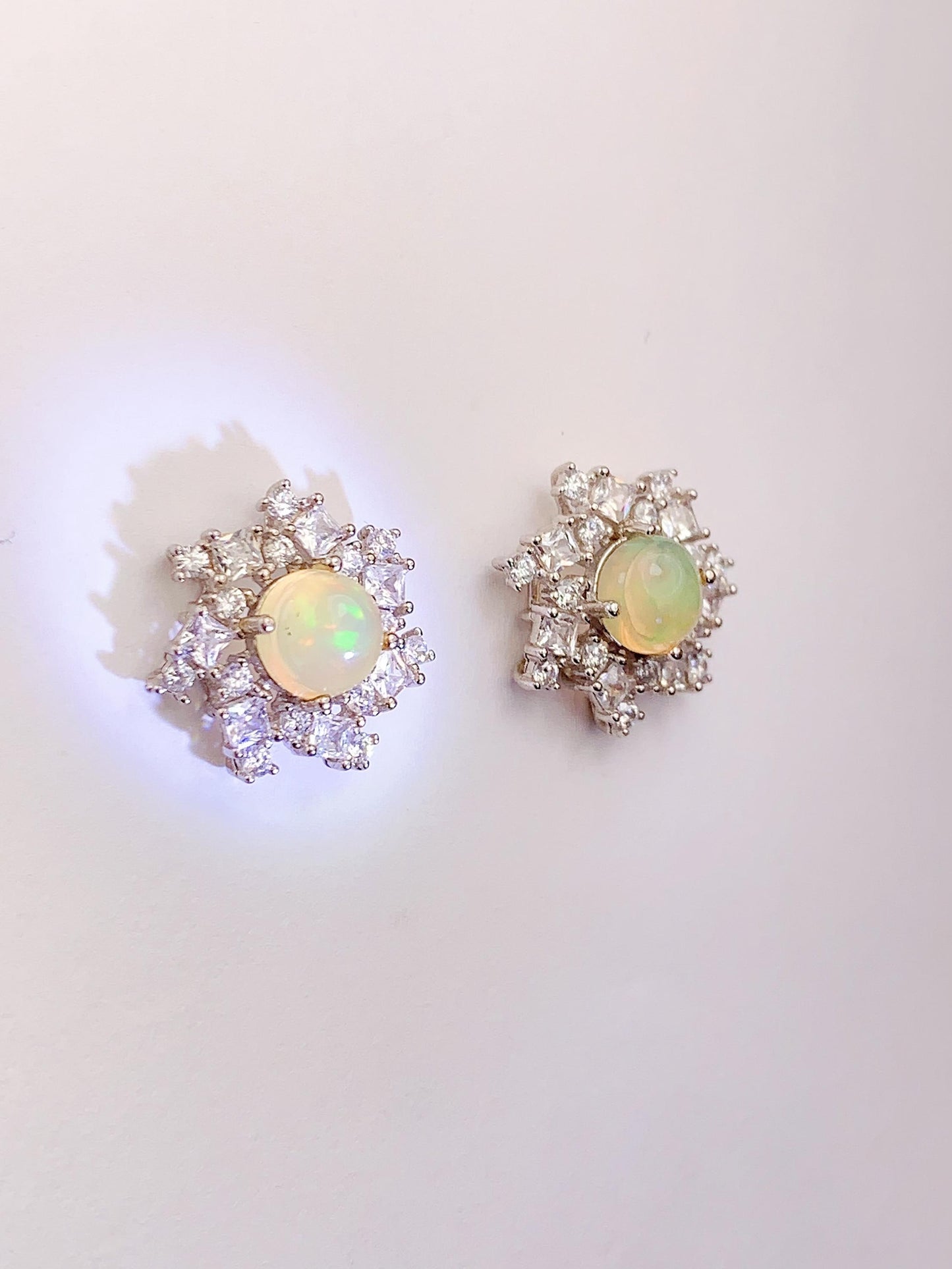 Rainbow Opal Sterling Silver Earrings: 18k White Gold Plated Studs