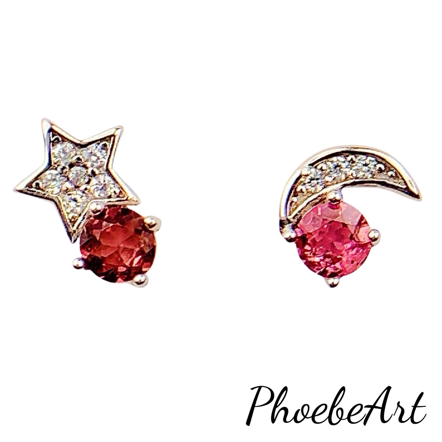 Pink Tourmaline Star Moon Earrings: Sterling Silver Studs