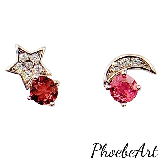 Pink Tourmaline Star Moon Earrings: Sterling Silver Studs