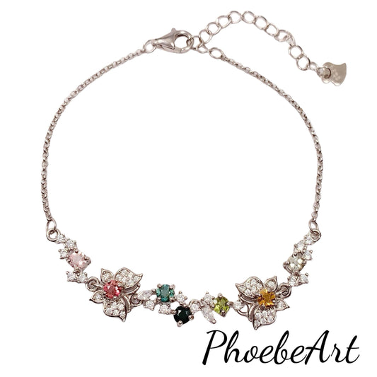 Rainbow Tourmaline Bracelet: 18k White Gold Plated Sterling Silver Butterfly