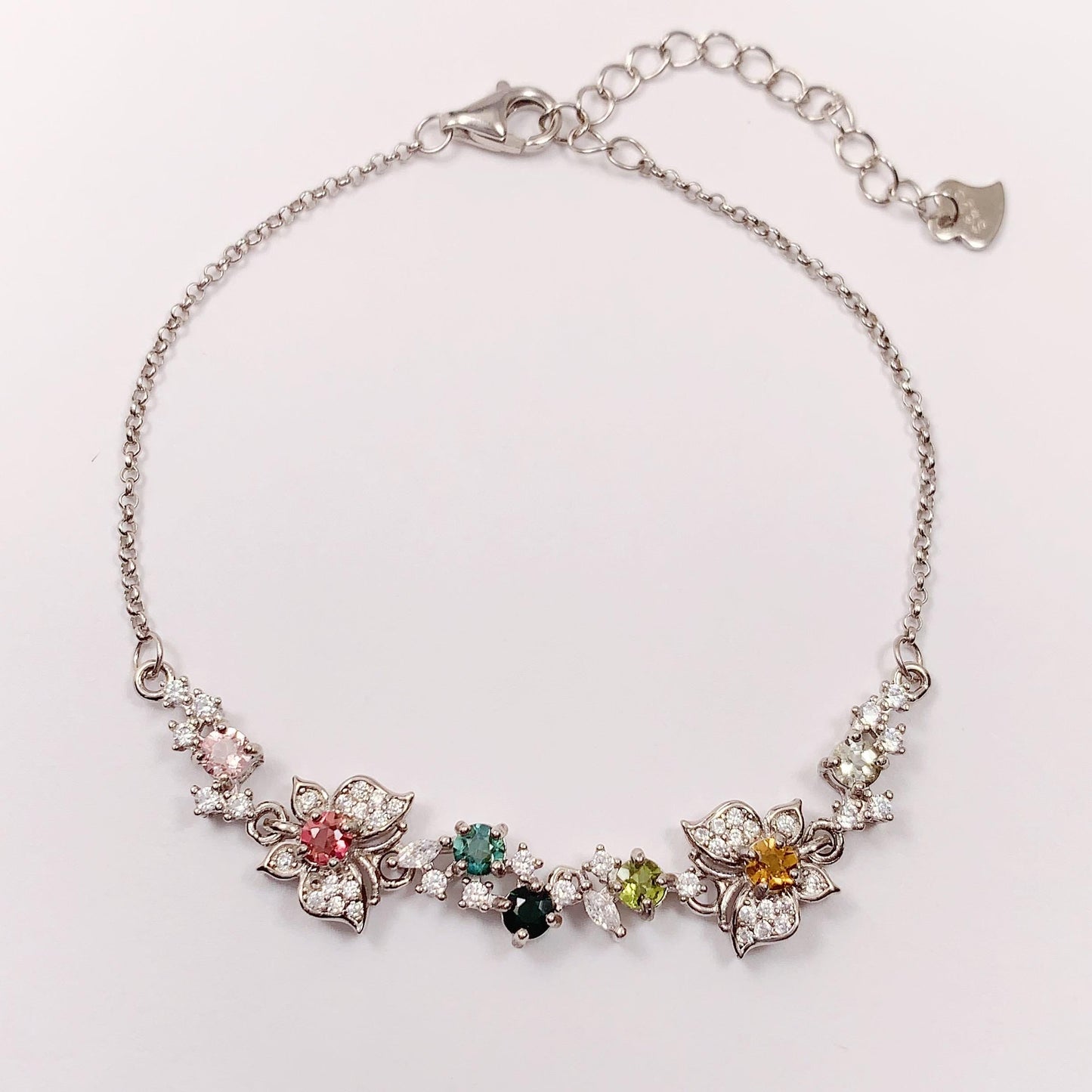 Rainbow Tourmaline Bracelet: 18k White Gold Plated Sterling Silver Butterfly