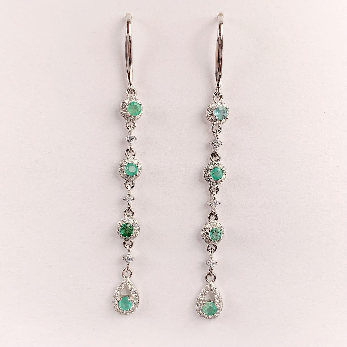 Emerald Sterling Silver Drop Earrings: 18k White Gold Plated