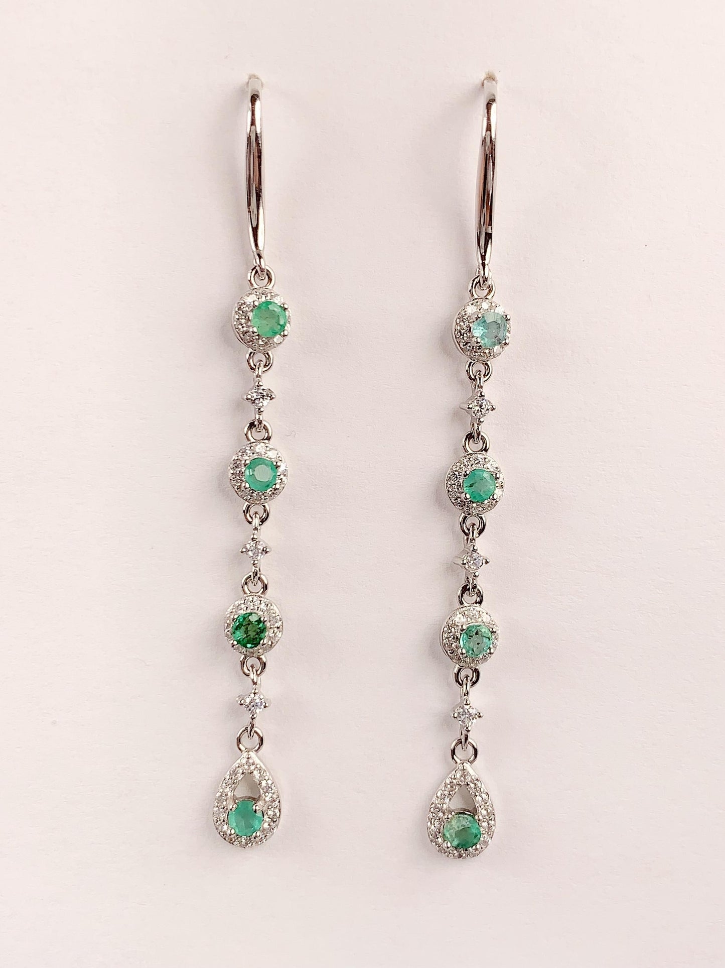 Emerald Sterling Silver Drop Earrings: 18k White Gold Plated