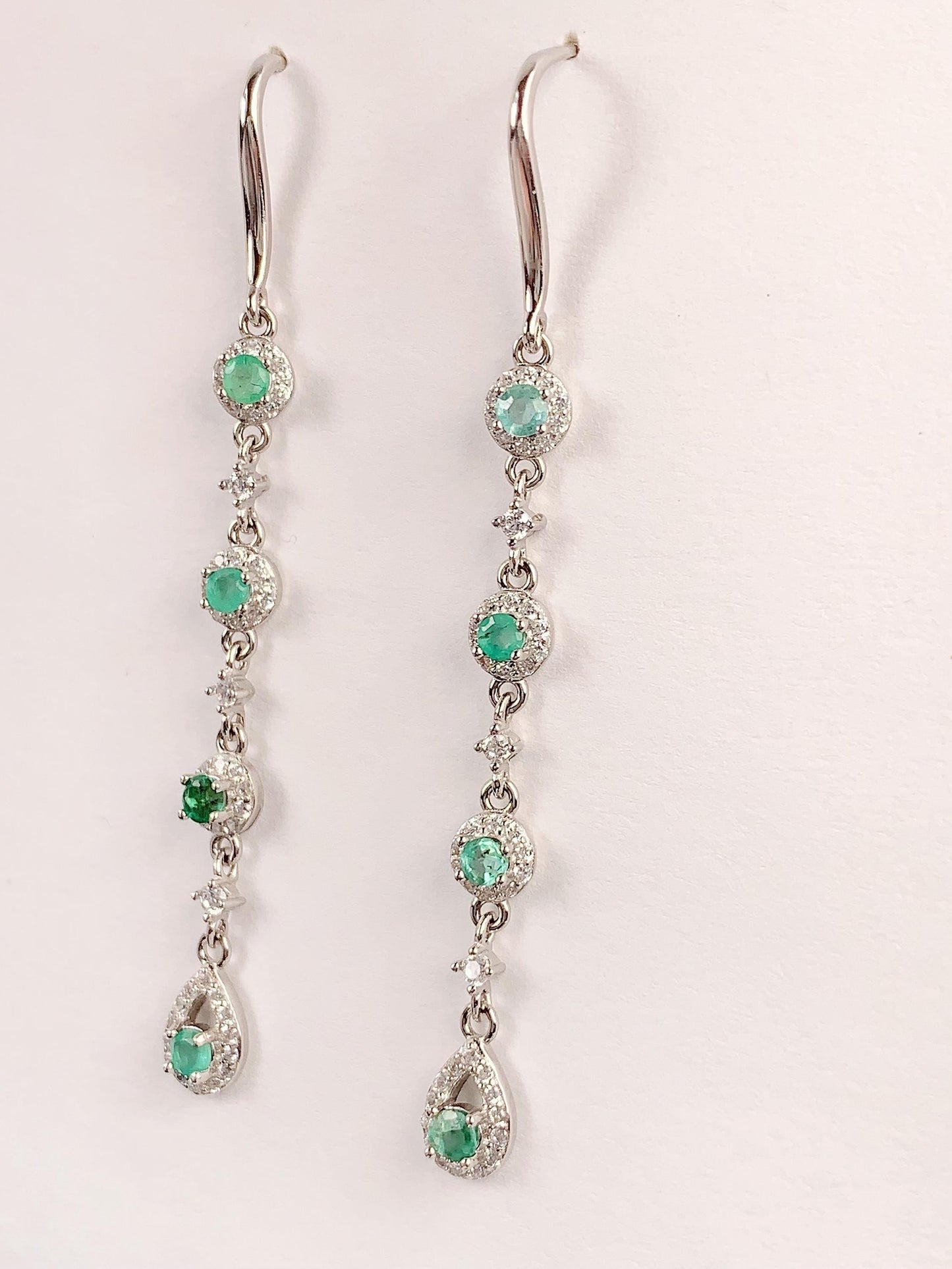 Emerald Sterling Silver Drop Earrings: 18k White Gold Plated