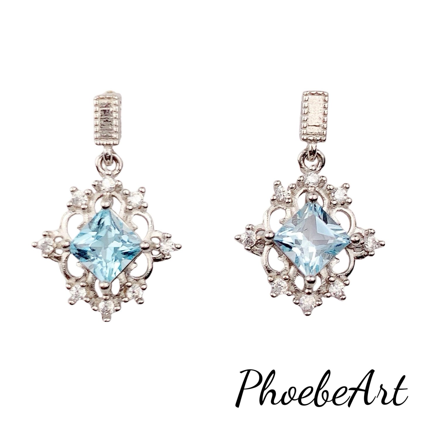 Blue Topaz Sterling Silver Earrings: 18k White Gold Plated Studs