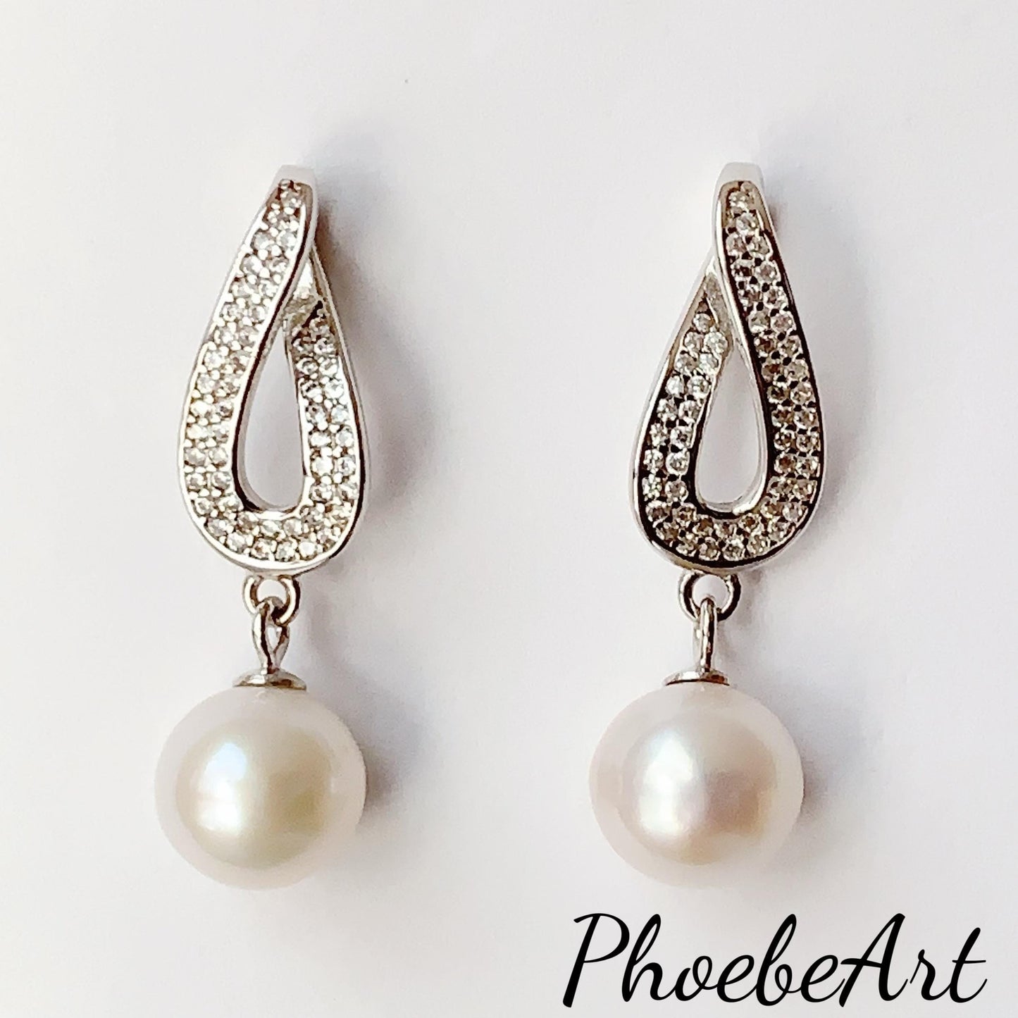 8.5mm Nearly Circular Natural Pearl Drop Earrings: 18K White Gold Plated Sterling Silver