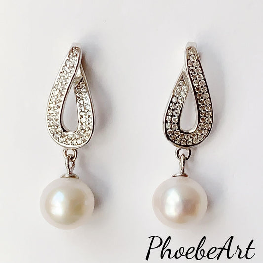 8.5mm Nearly Circular Natural Pearl Drop Earrings: 18K White Gold Plated Sterling Silver