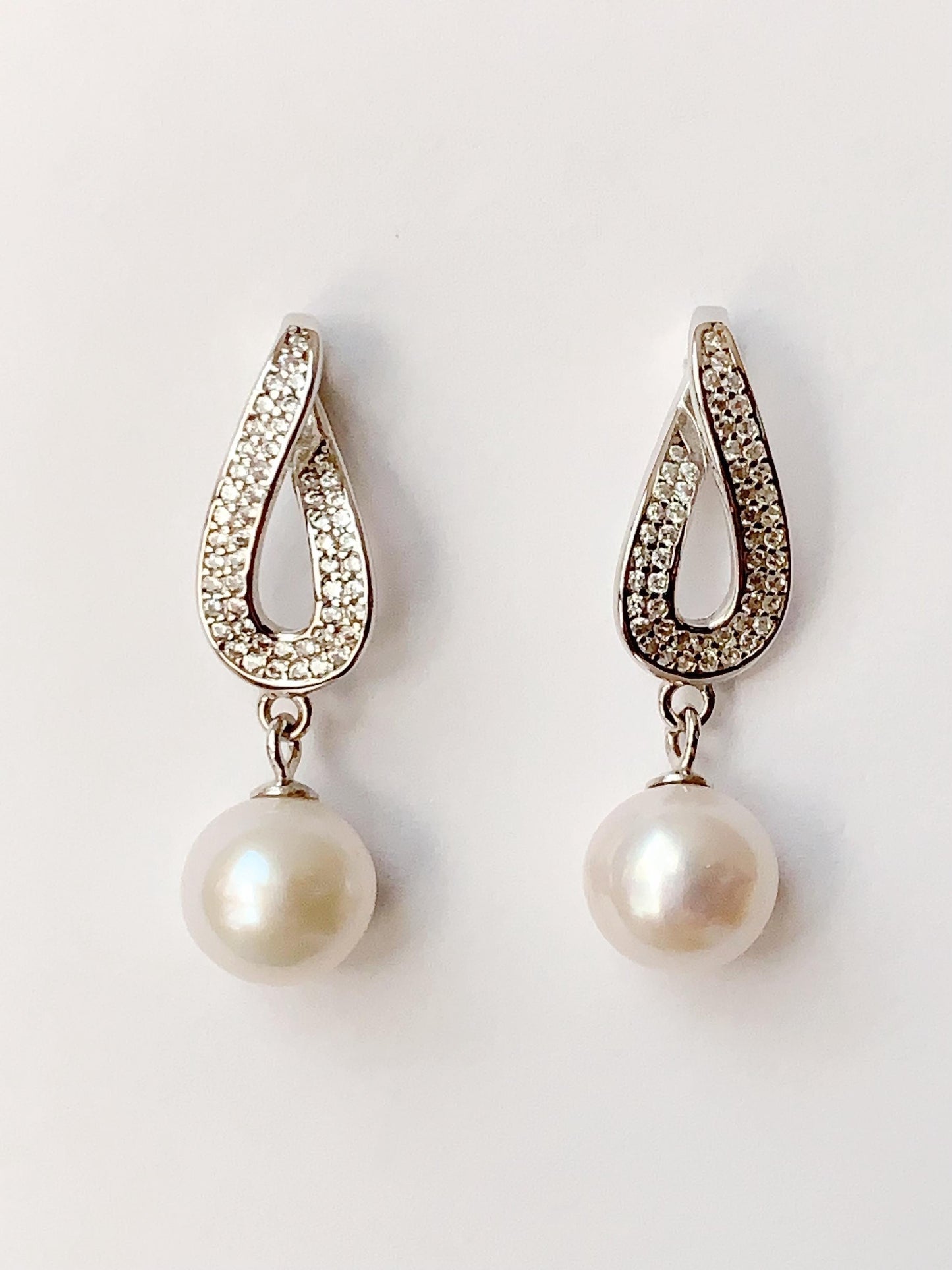 8.5mm Nearly Circular Natural Pearl Drop Earrings: 18K White Gold Plated Sterling Silver