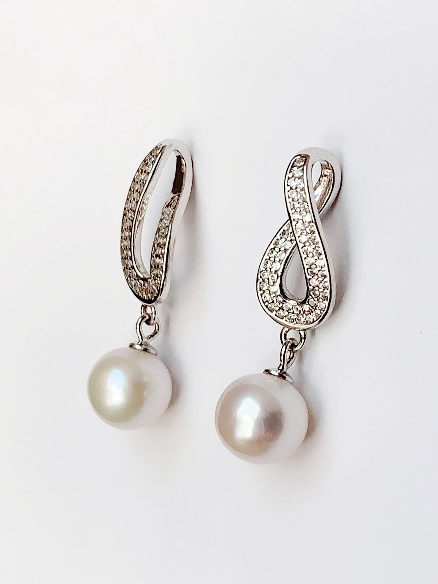8.5mm Nearly Circular Natural Pearl Drop Earrings: 18K White Gold Plated Sterling Silver