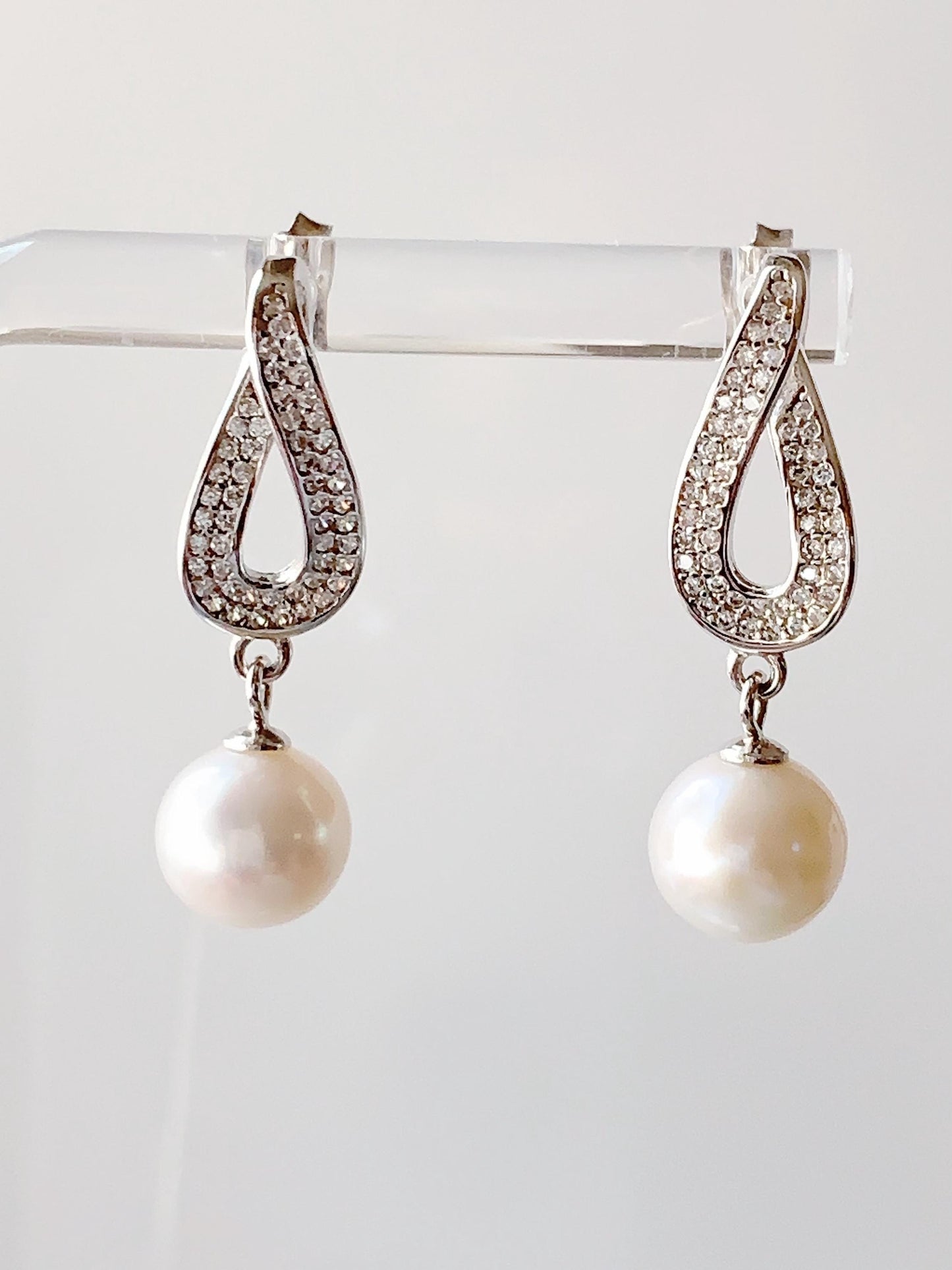 8.5mm Nearly Circular Natural Pearl Drop Earrings: 18K White Gold Plated Sterling Silver