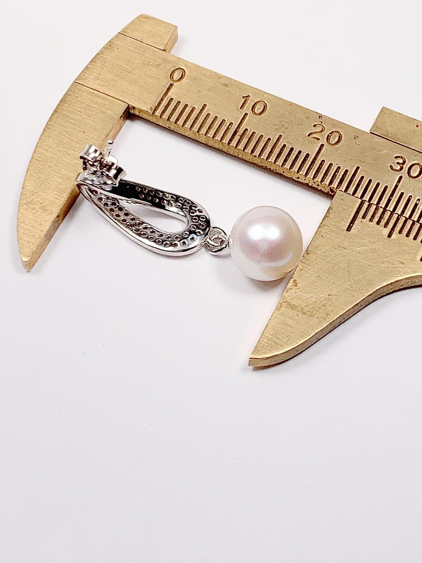 8.5mm Nearly Circular Natural Pearl Drop Earrings: 18K White Gold Plated Sterling Silver