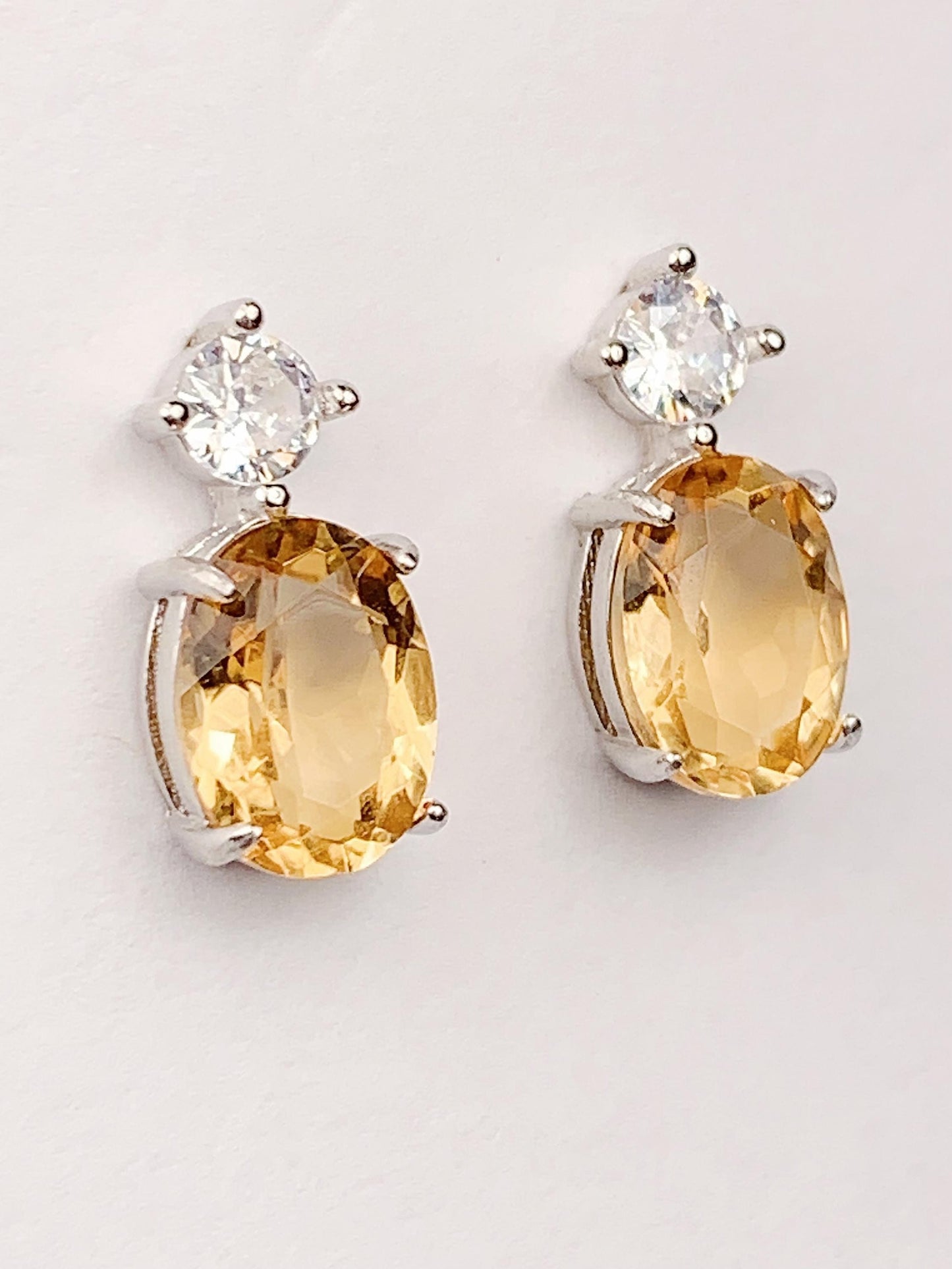 Citrine Sterling Silver Earrings: Oval Cut, 18k White Gold Plated