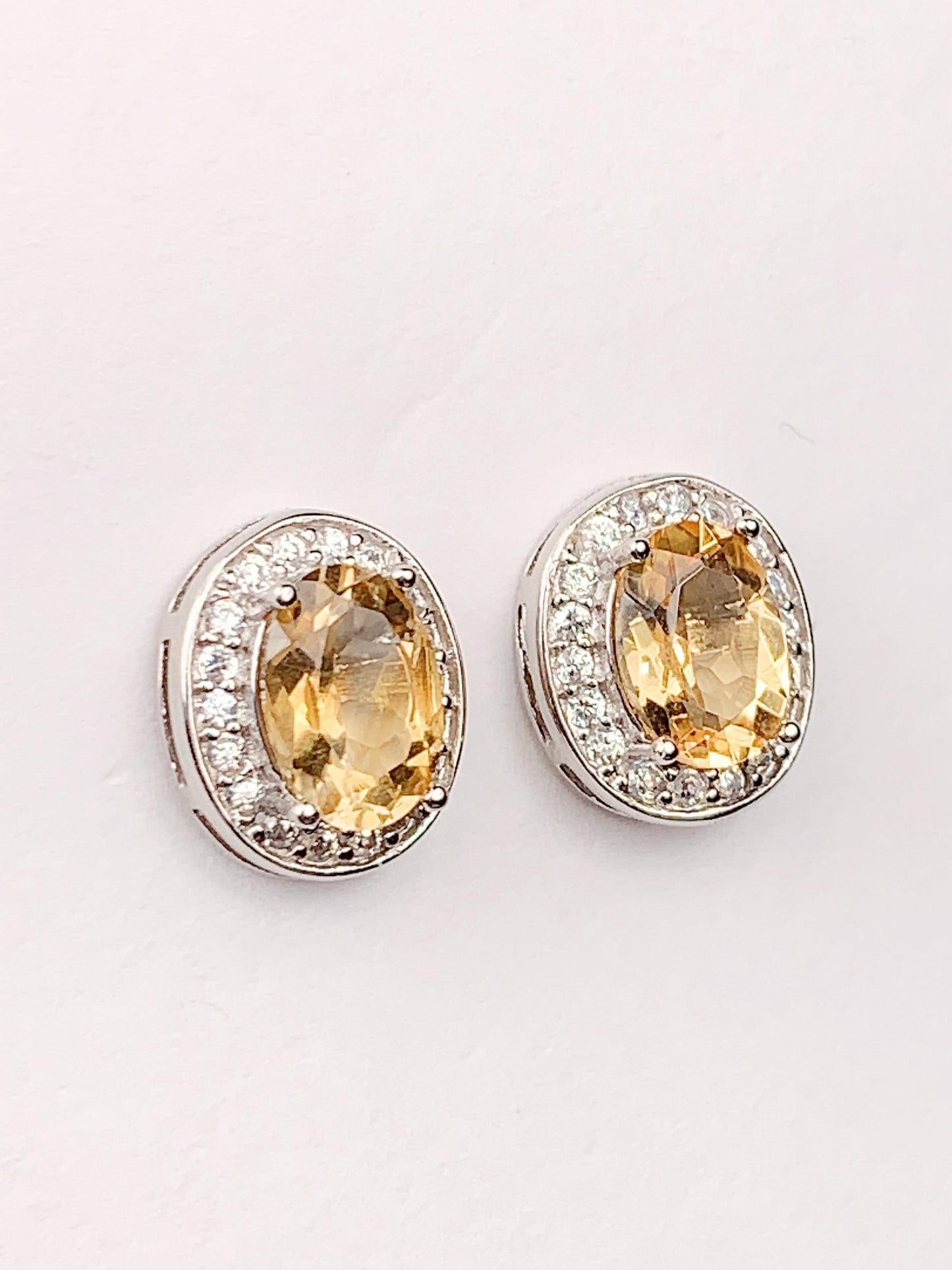 Citrine Sterling Silver Earrings: Yellow Oval Gemstone Studs