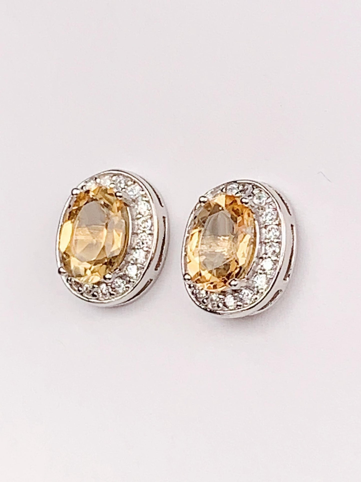 Citrine Sterling Silver Earrings: Yellow Oval Gemstone Studs