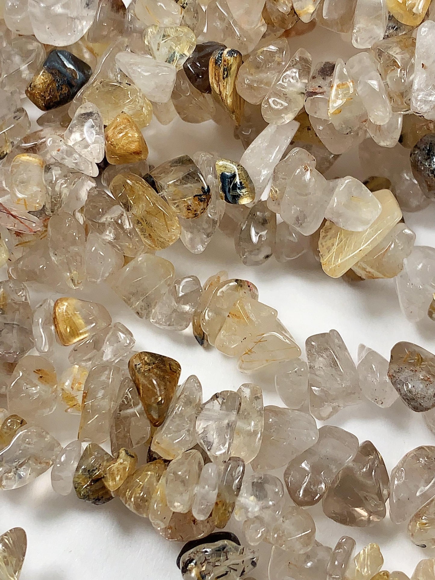 Golden Rutilated Quartz Beads: Natural Nugget Pebble Chips, 32" Strand