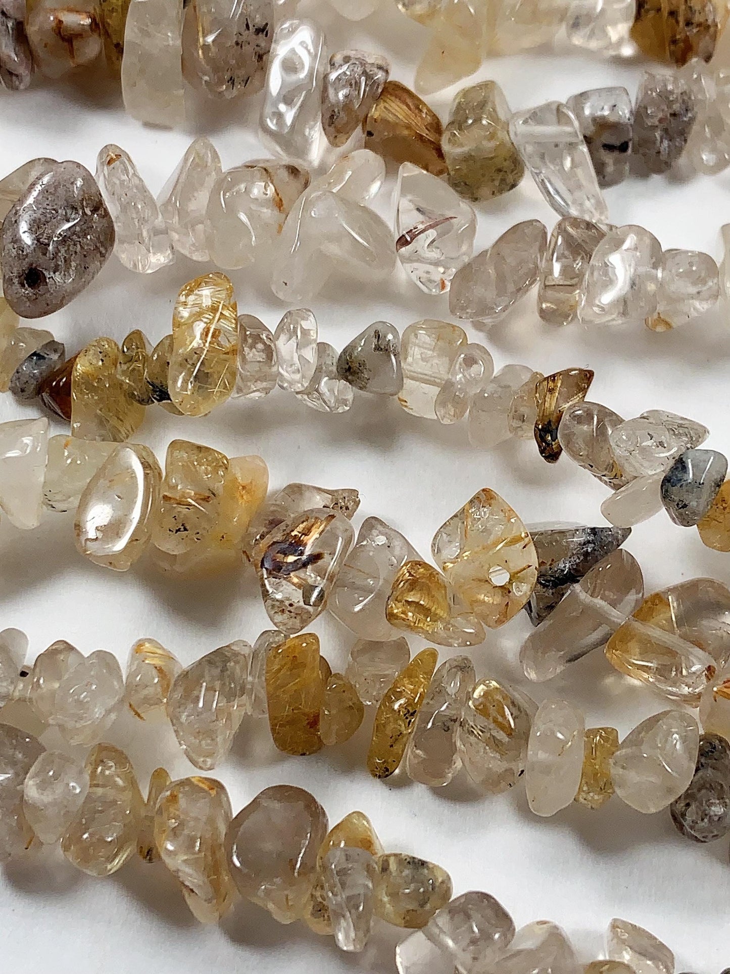 Golden Rutilated Quartz Beads: Natural Nugget Pebble Chips, 32" Strand