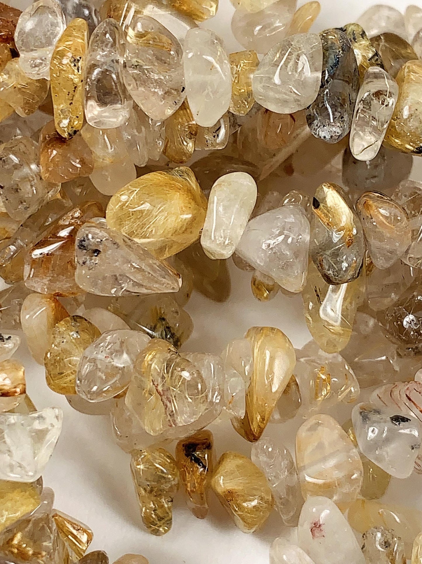 Golden Rutilated Quartz Beads: Natural Nugget Pebble Chips, 32" Strand