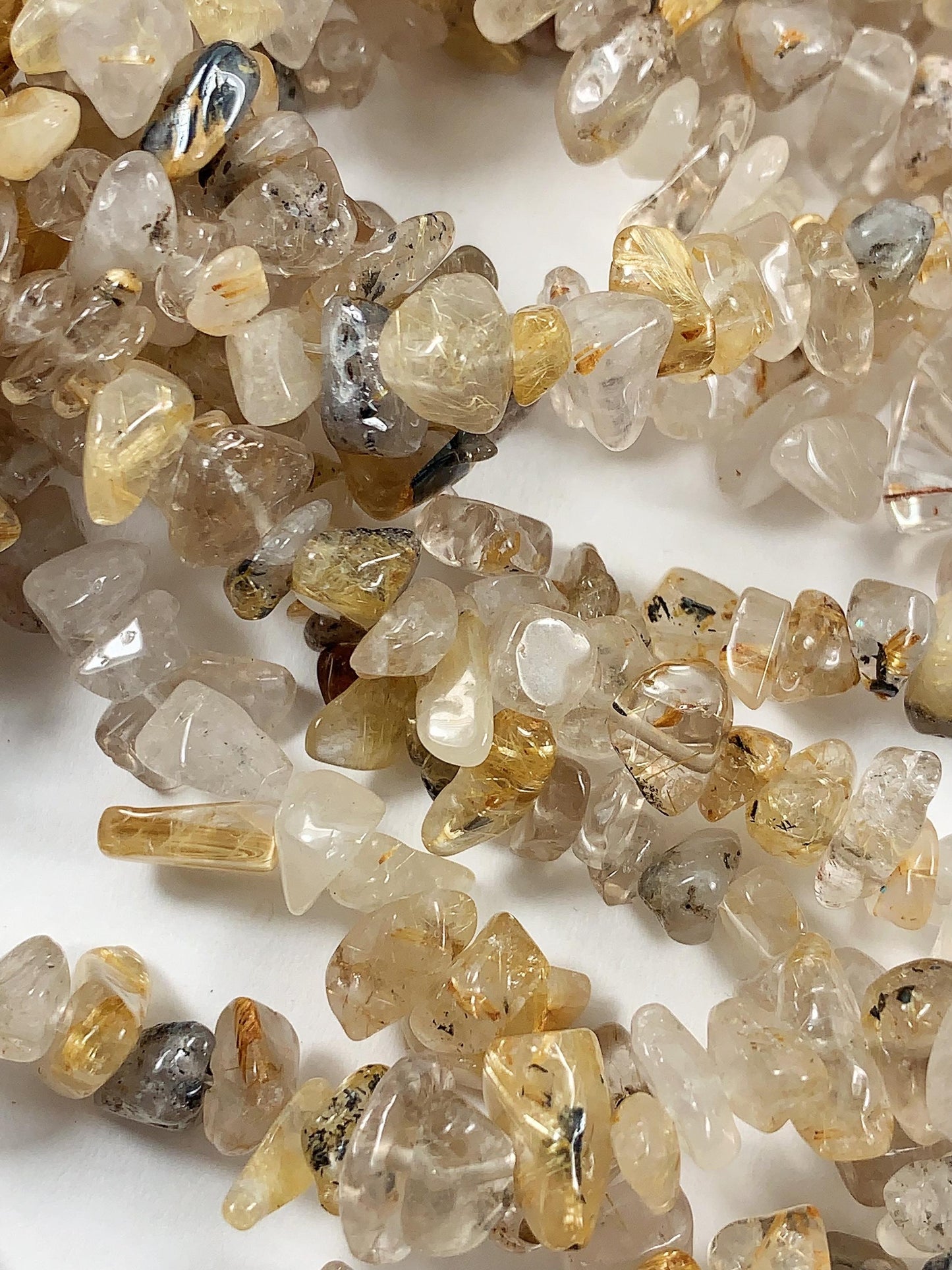 Golden Rutilated Quartz Beads: Natural Nugget Pebble Chips, 32" Strand