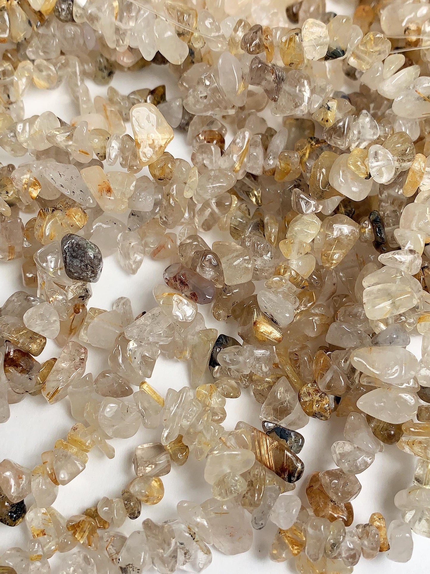 Golden Rutilated Quartz Beads: Natural Nugget Pebble Chips, 32" Strand