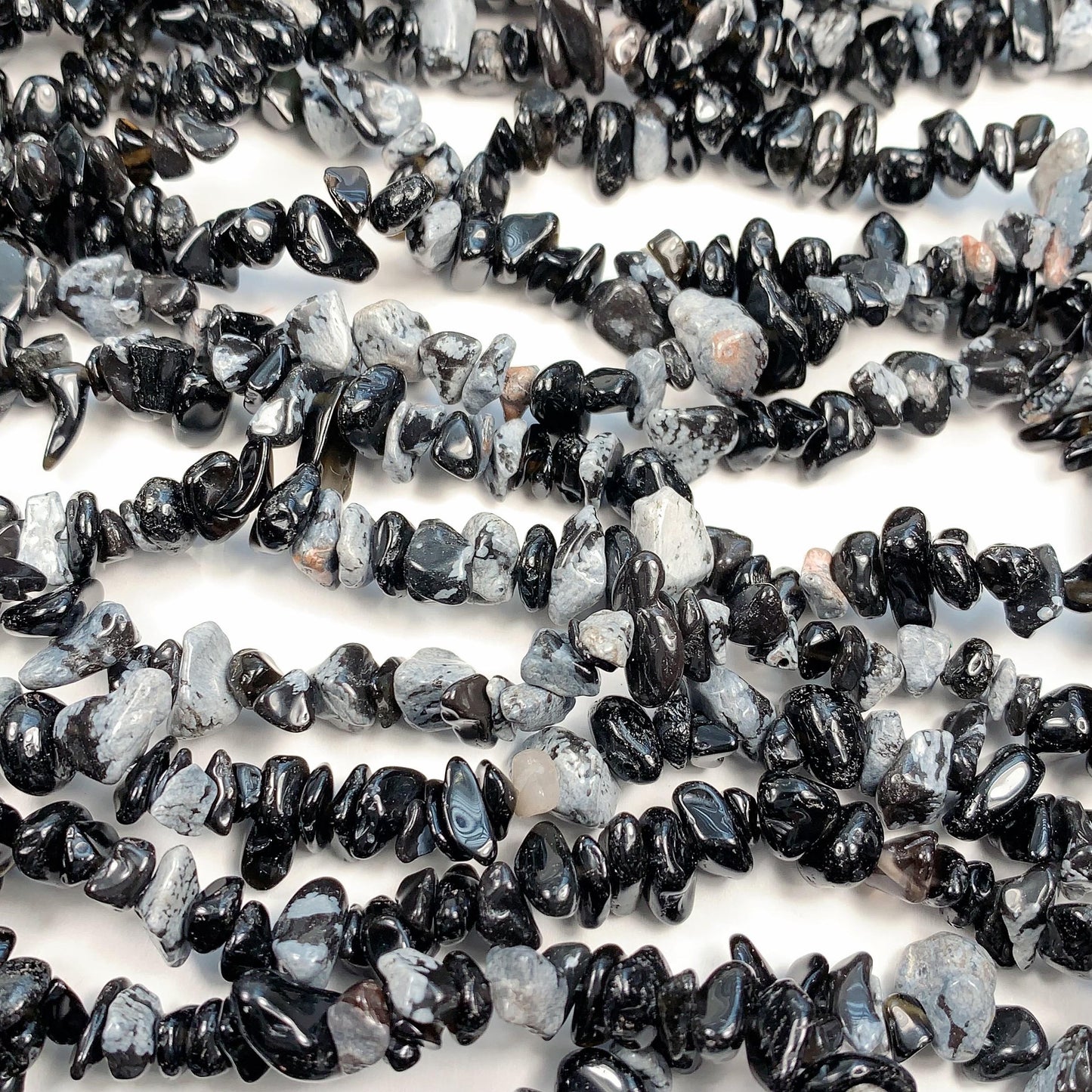 Snowflake Obsidian Chip Beads: Black & White Gemstone Nuggets, 32" Strand